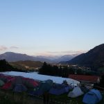 The huge kitchen and dining tents against the backdrop of the Bavarian Alps