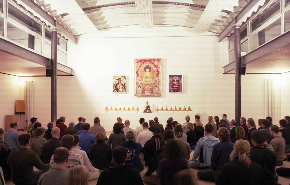 Meditation at the Diamond Way Buddhist centre in Hamburg, showing the hall and beautiful