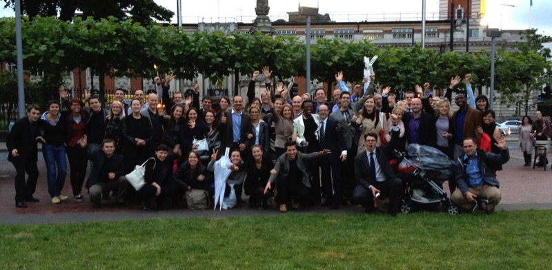 Members of Diamond Way Buddhism celebrate outside the Town Hall where Lambeth Council granted planning permission for the Beaufoy Institute