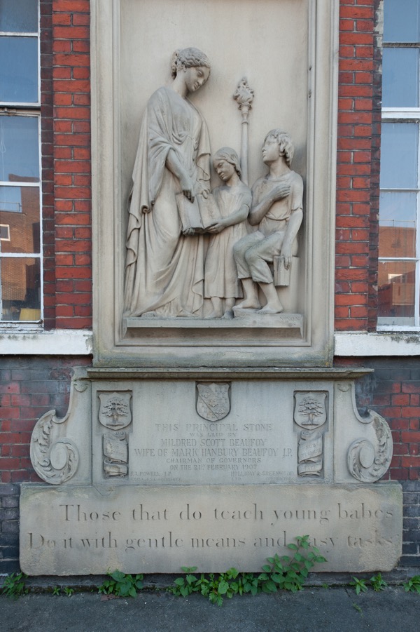 This stone relief on the front of the Beaufoy Institute came from the old Beaufoy School
