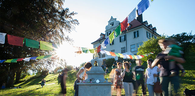 The stupa, a Buddhist momument, in front of the Europe Center, the main center of Diamond Way Buddhism